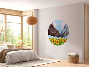 Discount Liefdevolle paarden in een zonnebloemveld fotobehang Kinderkamer