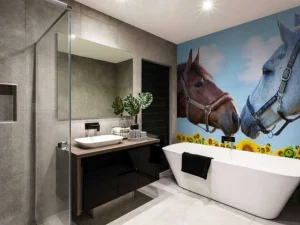 Discount Liefdevolle paarden in een zonnebloemveld fotobehang Kinderkamer