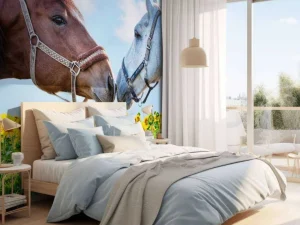 Discount Liefdevolle paarden in een zonnebloemveld fotobehang Kinderkamer