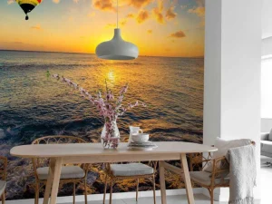 Clearance Luchtballon boven zee bij zonsondergang fotobehang Transport
