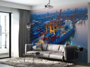 Online Luchtfoto van een containerschip in de haven fotobehang Transport | Steden