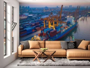 Online Luchtfoto van een containerschip in de haven fotobehang Transport | Steden