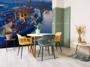 Online Luchtfoto van een containerschip in de haven fotobehang Transport | Steden