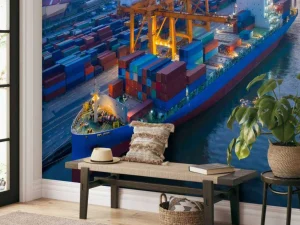 Online Luchtfoto van een containerschip in de haven fotobehang Transport | Steden