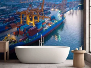 Online Luchtfoto van een containerschip in de haven fotobehang Transport | Steden