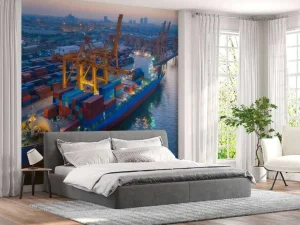 Online Luchtfoto van een containerschip in de haven fotobehang Transport | Steden