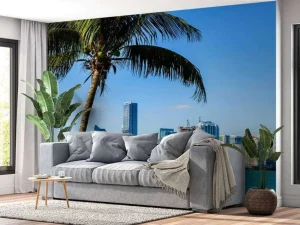 New Miami skyline met een palmboom op de voorgrond fotobehang Architectuur