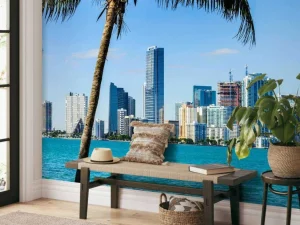 New Miami skyline met een palmboom op de voorgrond fotobehang Architectuur
