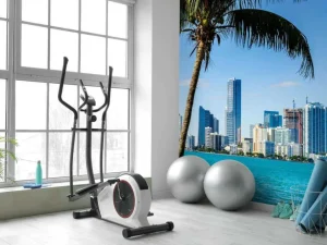 New Miami skyline met een palmboom op de voorgrond fotobehang Architectuur