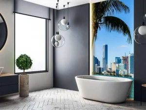 New Miami skyline met een palmboom op de voorgrond fotobehang Architectuur