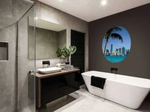 New Miami skyline met een palmboom op de voorgrond fotobehang Architectuur