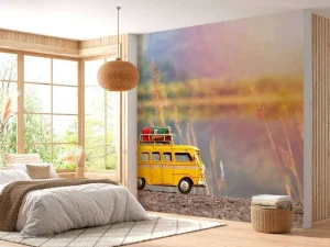 Fashion Miniatuur gele bus in de natuur fotobehang Transport