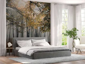 Online Mistig Herfst Bos met veel Bomen fotobehang Bloemen