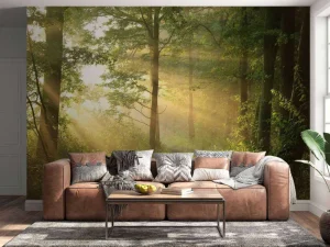Outlet Mistige bosweg bij zonsopkomst fotobehang Bloemen