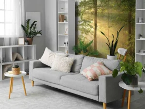 Outlet Mistige bosweg bij zonsopkomst fotobehang Bloemen