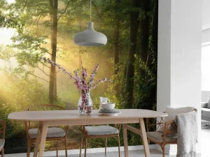 Outlet Mistige bosweg bij zonsopkomst fotobehang Bloemen