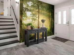 Outlet Mistige bosweg bij zonsopkomst fotobehang Bloemen