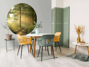 Outlet Mistige bosweg bij zonsopkomst fotobehang Bloemen