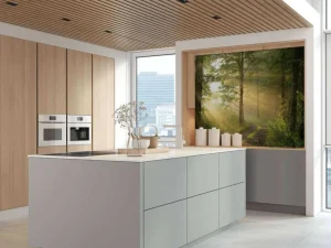 Outlet Mistige bosweg bij zonsopkomst fotobehang Bloemen