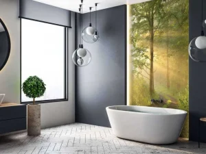 Outlet Mistige bosweg bij zonsopkomst fotobehang Bloemen