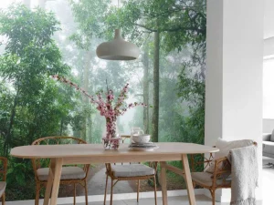 Hot Mistige bosweg fotobehang Bloemen