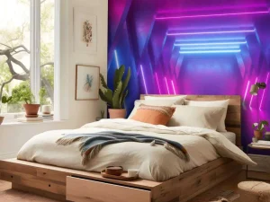 Sale Neon verlichte ruimte met balken fotobehang Computerkamer | 3d