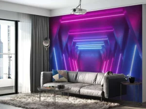 Sale Neon verlichte ruimte met balken fotobehang Computerkamer | 3d