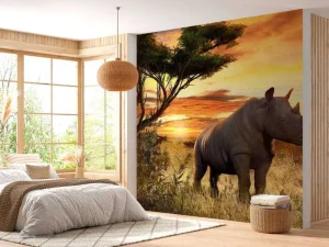 Discount Neushoorn bij zonsondergang fotobehang Tienerkamer | Dieren