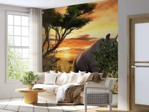Discount Neushoorn bij zonsondergang fotobehang Tienerkamer | Dieren