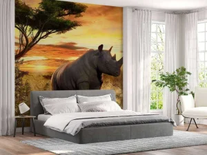 Discount Neushoorn bij zonsondergang fotobehang Tienerkamer | Dieren
