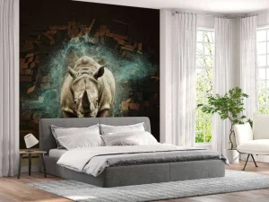 Discount Neushoorn breekt door de muur fotobehang Hobbykamer | 3d