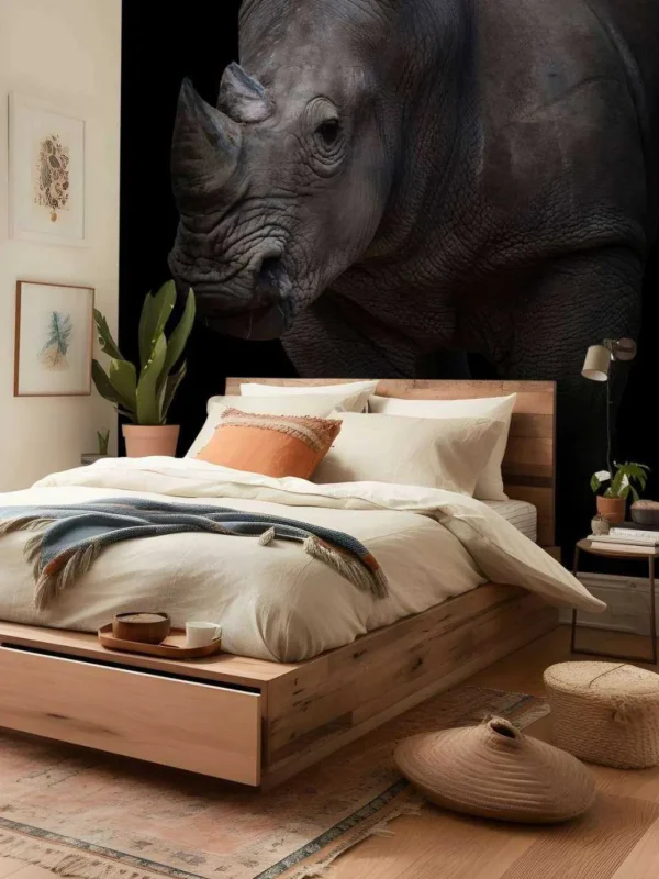 Online Neushoorn met een zwarte achtergrond fotobehang Hobbykamer | Dieren