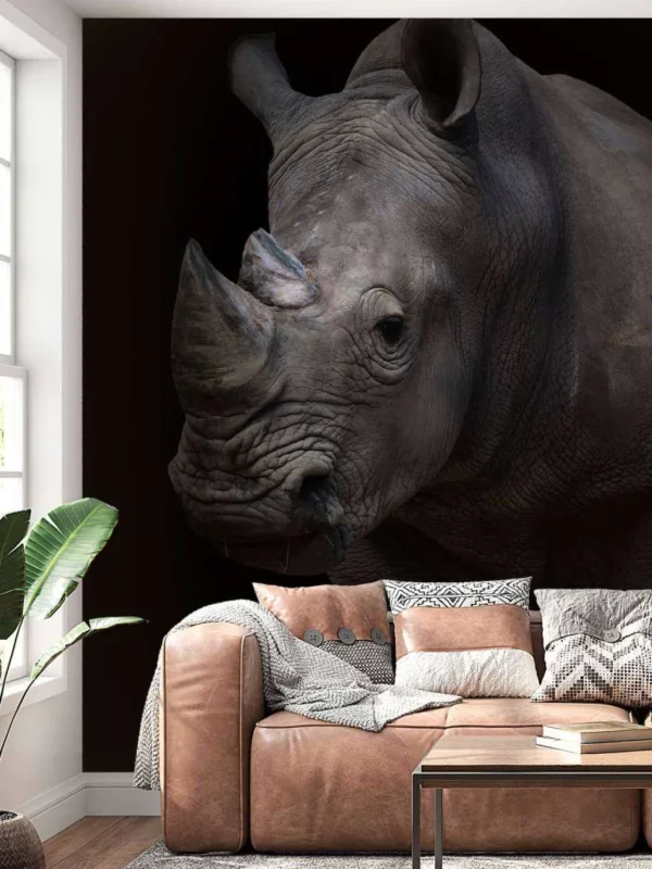 Online Neushoorn met een zwarte achtergrond fotobehang Hobbykamer | Dieren