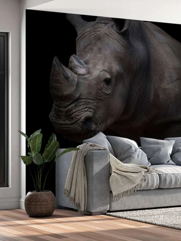 Online Neushoorn met een zwarte achtergrond fotobehang Hobbykamer | Dieren