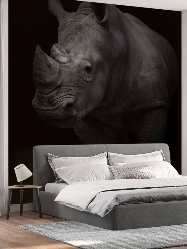 Online Neushoorn met een zwarte achtergrond fotobehang Hobbykamer | Dieren