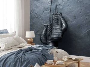 Sale Old school zwarte bokshandschoenen aan een donkere muur fotobehang Tienerkamer | Sport