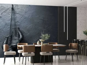 Sale Old school zwarte bokshandschoenen aan een donkere muur fotobehang Tienerkamer | Sport