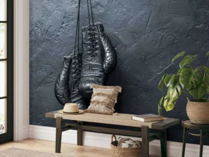 Sale Old school zwarte bokshandschoenen aan een donkere muur fotobehang Tienerkamer | Sport