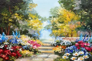 Fashion Olieverfschilderij van een parkje met bloemen fotobehang Kunst & Design | Bloemen