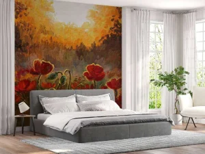 Clearance Olieverfschilderij van klaprozen bij zonsondergang fotobehang Kunst & Design | Bloemen