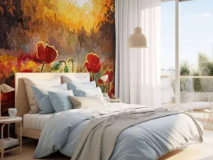 Clearance Olieverfschilderij van klaprozen bij zonsondergang fotobehang Kunst & Design | Bloemen