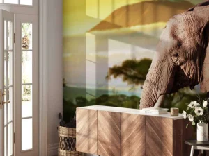 New Olifant in een savanne landschap bij zonsondergang fotobehang Dieren