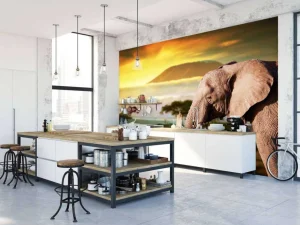 New Olifant in een savanne landschap bij zonsondergang fotobehang Dieren
