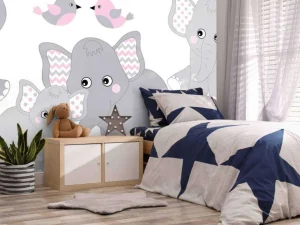 New Olifanten en vogeltjes met slingers fotobehang Babykamer