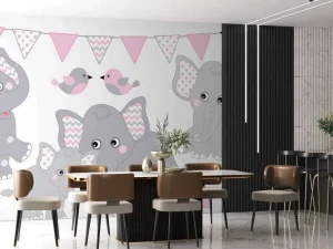 New Olifanten en vogeltjes met slingers fotobehang Babykamer