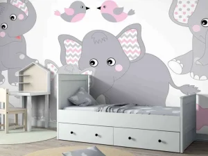 New Olifanten en vogeltjes met slingers fotobehang Babykamer