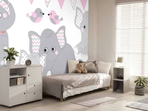 New Olifanten en vogeltjes met slingers fotobehang Babykamer