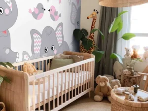 New Olifanten en vogeltjes met slingers fotobehang Babykamer