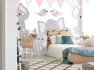 New Olifanten en vogeltjes met slingers fotobehang Babykamer