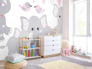 New Olifanten en vogeltjes met slingers fotobehang Babykamer